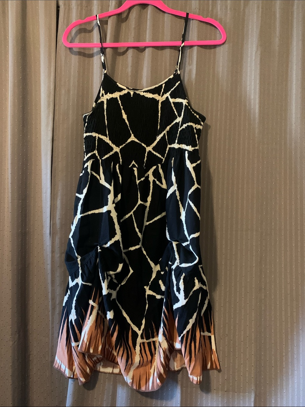 Spaghetti Strap Black & Cream Patterned Sundress with Brown Accent Size XL/XXL